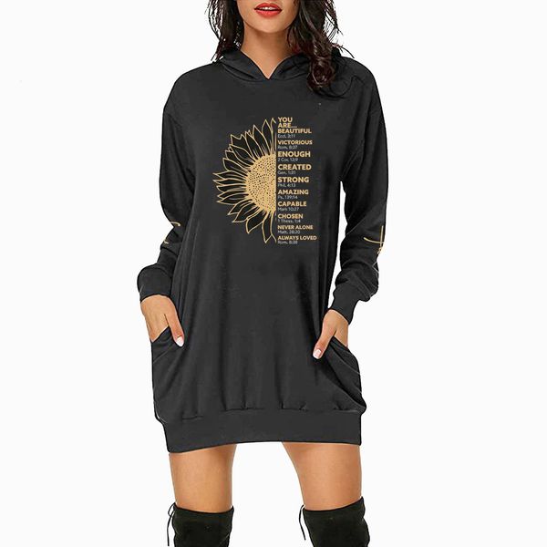

2021 autumn women's faith and jus theme print medium long casual hoodie, Black