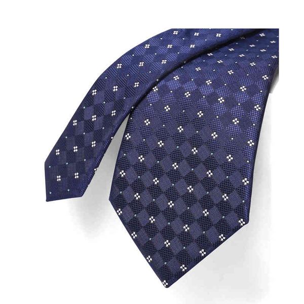 Gravata xadrez de luxo de 8cm para homens marca designer casamento negócios moda vestido terno de seda poliéster marinho azul gravata com caixa de presente