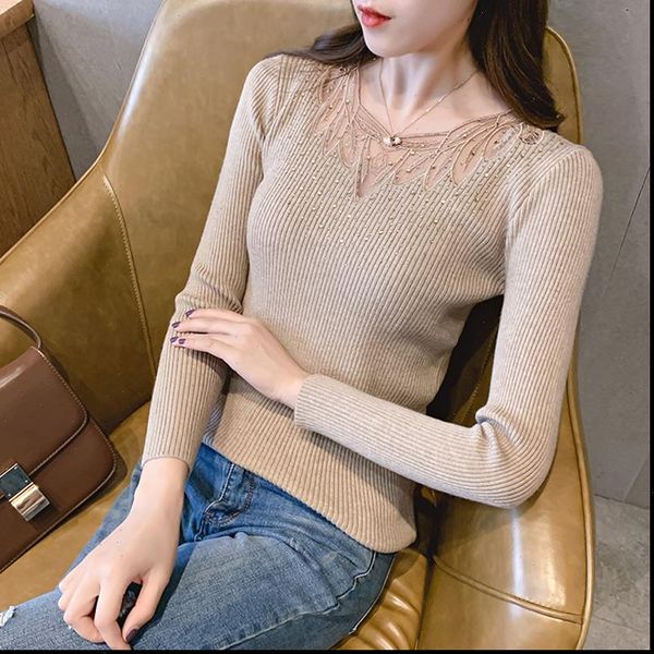 

women hollow out diamond sweater 2021 new ladies elasticity lace v neck winter pullovers autumn elegant long sleeve jumpers, White;black