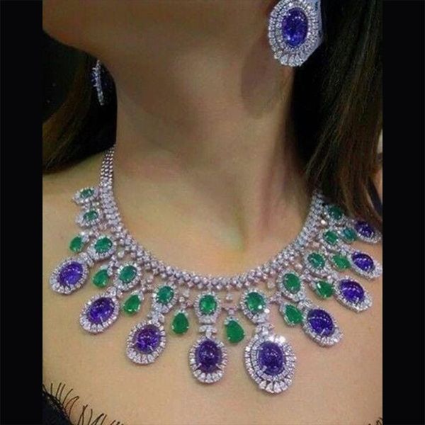

earrings & necklace godki 4pcs luxury green purple mixed big statement jewelry set for women wedding cubic zircon cz african dubai bridal, Silver
