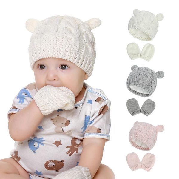 

baby warm-up cap and glove knitted crochet wool cotton soft solid color cute bear ear 2 pcs for 0-18 months infants birth gift, Yellow