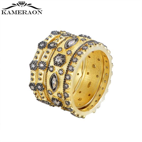 

cluster rings vintage s925 sterling silver gold plated zircon ring set geometric black hexagon design for women men birthday gifts, Golden;silver