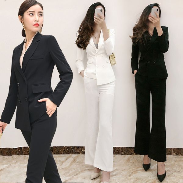 

spring and in the new irregular autumn double-breasted thin leg long female pants casual workwear suit solid color set 6c5v, White;black