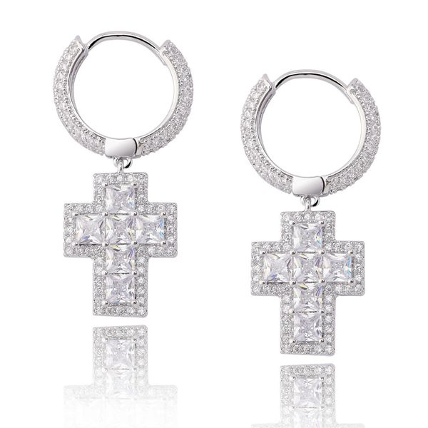 

hip hop cross drop earrings new style bling white zircon dangle earrings platinum plated jewelry wholesale, Golden;silver
