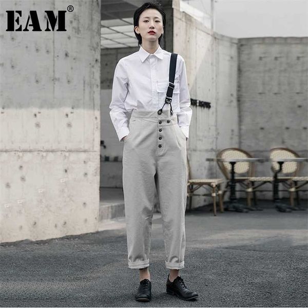 

[eam] high waist geay button split joint leisure trousers overalls loose fit pants women fashion spring autumn 1r5860 211112, Black;white