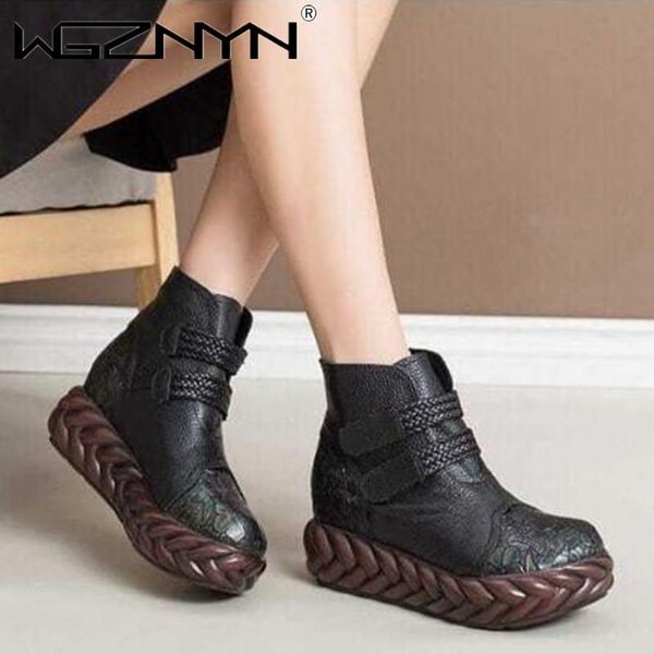 

boots fashion genuine pu leather retro autumn winter women ankle thick bottom wedges high heels comfort, Black