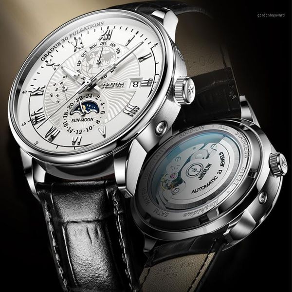 

moon phase automatic wach men business leather mechanical men's wristwatches waterproof clock male, Slivery;brown