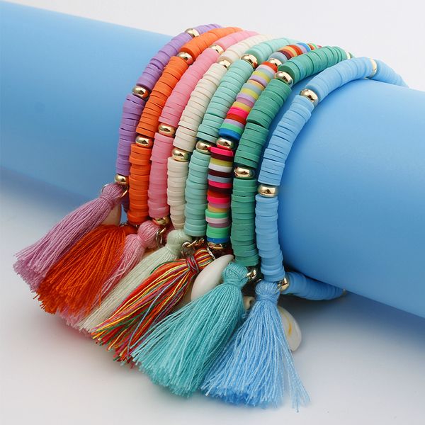 

bohemian stackable bracelets multicolor shell tassel charm elastic rope bracelet rainbow stretch bangle for women girls fashion jewelry q29, Golden;silver