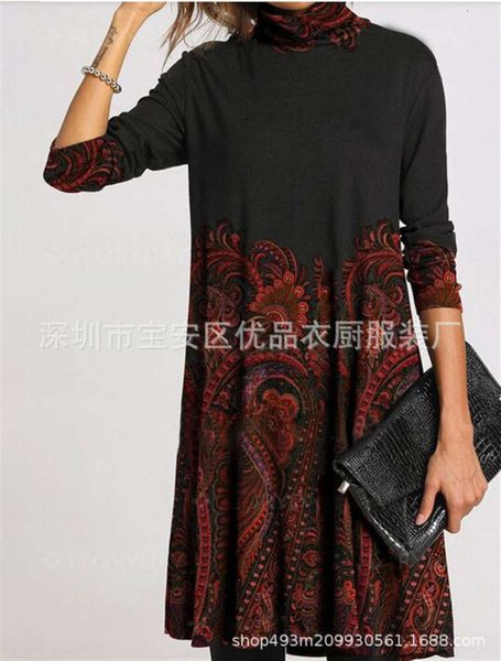 

temperament fashion high 2020 autumn printed half and collar winter long sleeve loose dress women's 8 colors hot, Black;gray