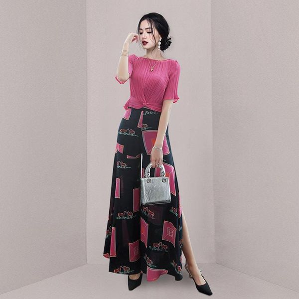 

women's two piece pants summer ladies designer fashion short sleeve round neck knitted + printed wide leg women loose two-piece sets, White