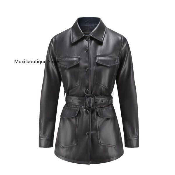 

women's leather & faux muxi women coat 2021 autumn multi-pocket strap pu lapel imitation sheep mid-length jacket, Black