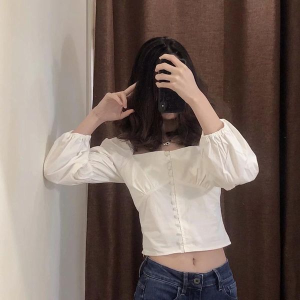 

women's blouses & shirts qweek elegant women white crop long sleeve shirt korean fashion corset y2k aesthetic cotton solid ulzzang