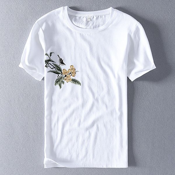 

2021 summer and autumn new men's linen t-shirt short-sleeved trend embroidery casual chinese style t shirt for men camiseta fycf, White