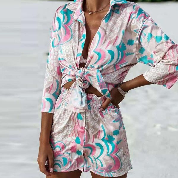 

women's tracksuits summer beach women two piece set elegant satin lace-up v neck long sleeve shirt + shorts casual print suits wit, Gray