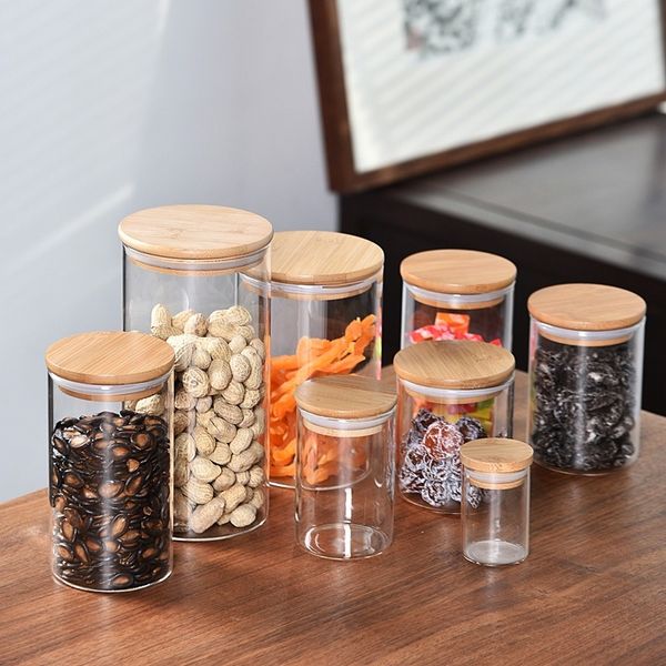 

custom logo round sealed jar home transparent glass storage jar food tea dried fruit coffee bean storage jar bamboo wood lid