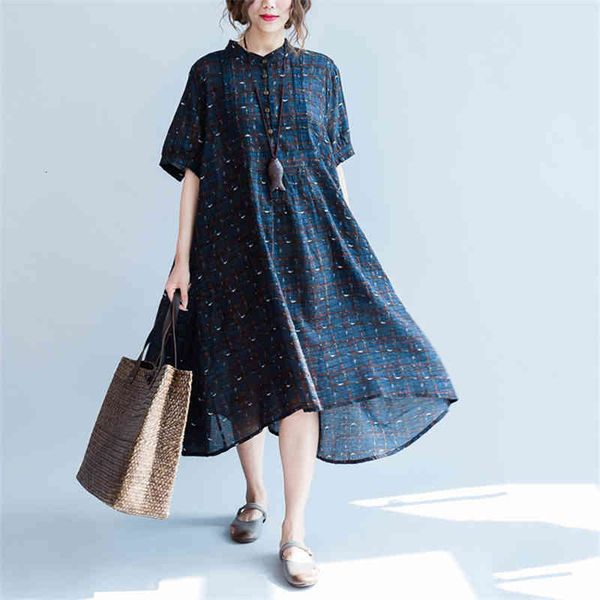 

casual dresses women cotton linen dress print floral 2021 summer new short sleeve stand loose blue button vintage b178, Black;gray