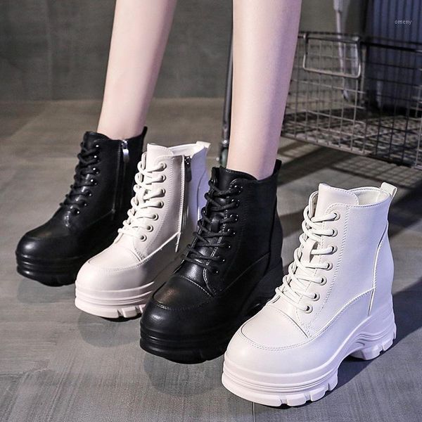

boots inner heightening short tube thick bottom slope with spring and autumn cross straps ladies waterproof platform.1, Black