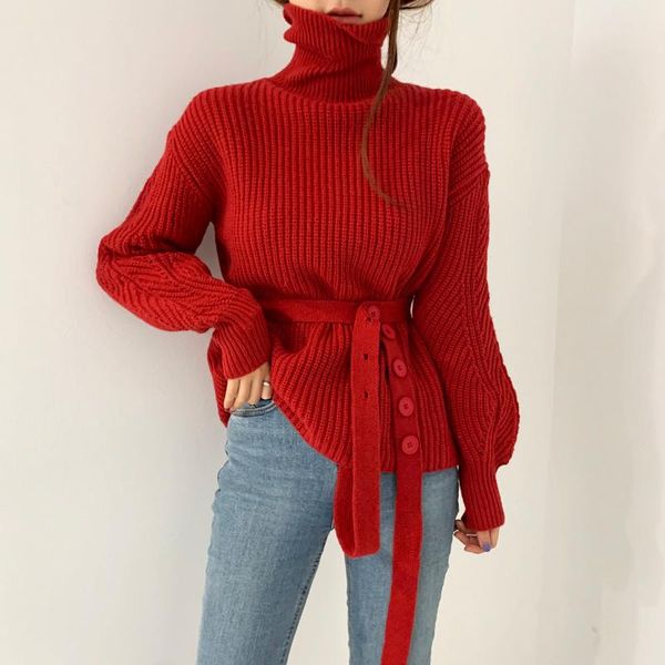 

heydress 2021 women solid lantern sleeve winter thick warm sweater ladys elegant turtleneck casual knitted female sashe pullover, White;black