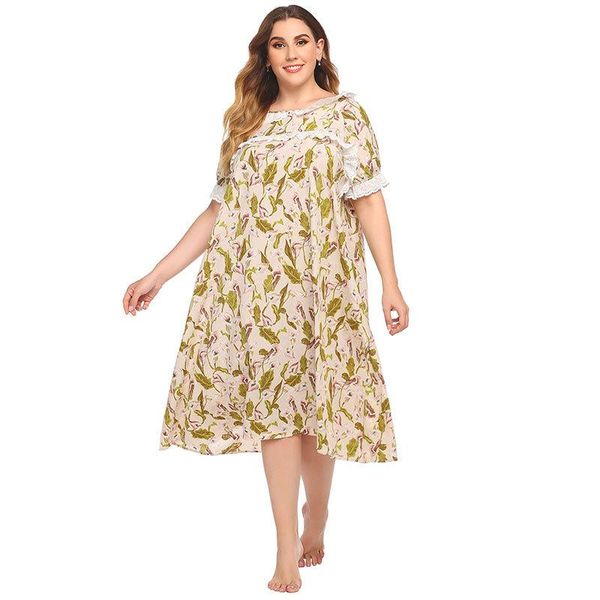 

women's sleepwear plus size 3xl 4xl women lace print nightgown sweet o-neck short sleeve nightdress knee-length polyester sleepshirt su, Black;red