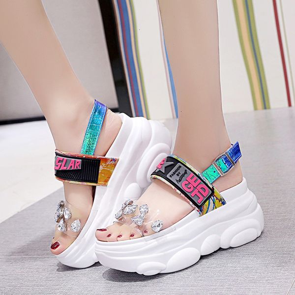 

summer new thick shoes woman fashion rhinestone crystal flat open toe sandals, Black