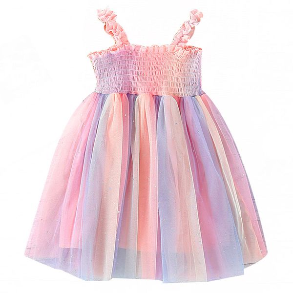 

breathable little girls suspender dress summer children creative rainbow color mesh slip camisole princess skirt travel vacation, Red;yellow