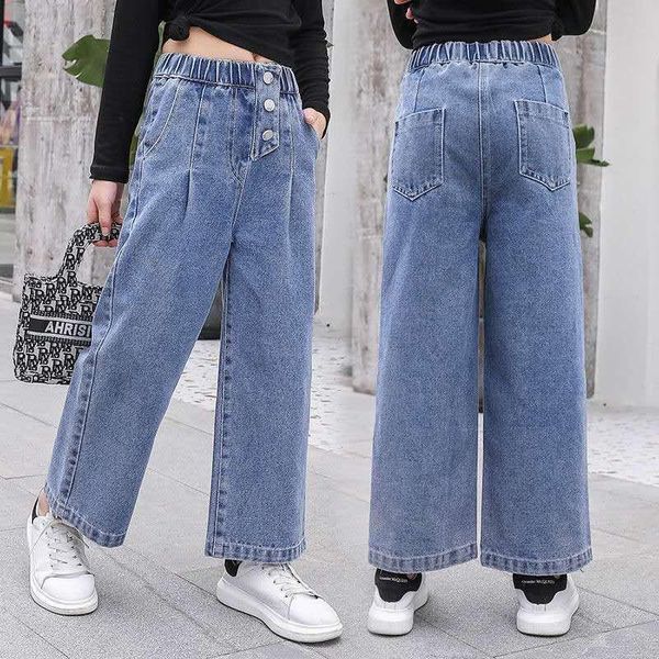 

trousers children's clothing girls button wide legs jeans spring and autumn denim fashion casual loose teenage 4-14y, Blue