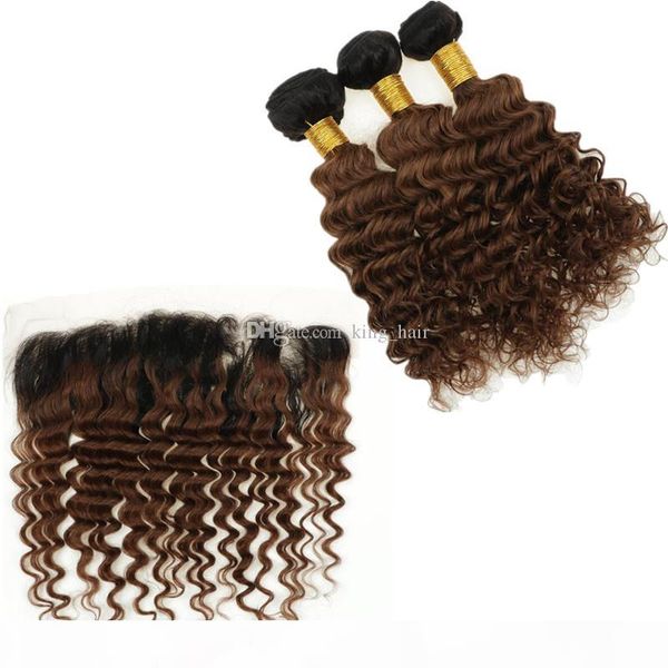 

ombre brown brazilian human hair 3bundles with lace closure black and brown color deep wave curly hair weft extension with lace frontal