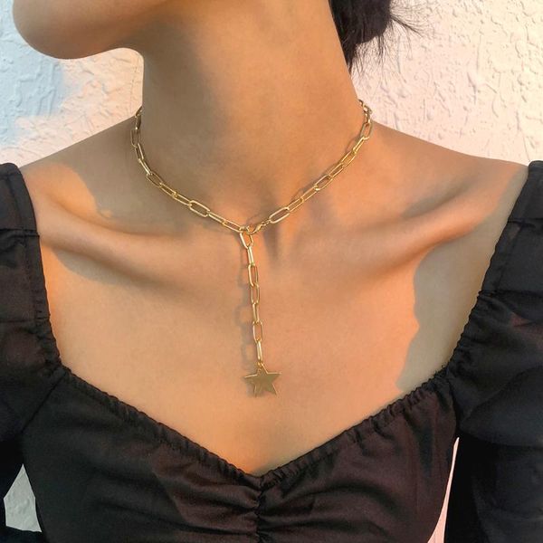 

chokers lalynnly punk fashion temperament star pattern simple clavicle chain silver gold color pendant necklace women charm choker n9092, Golden;silver
