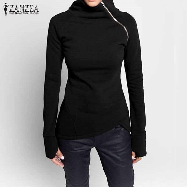 

women's hoodies & sweatshirts women shirts 2021 zanzea casual solid long sleeve pullovers turtleneck fit zippers blouse plus size, Black