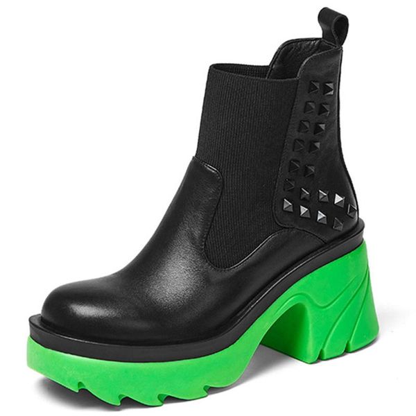 

boots 2021 female square heel round toe slip-on super high ankle booties rivet street style comfy women, Black