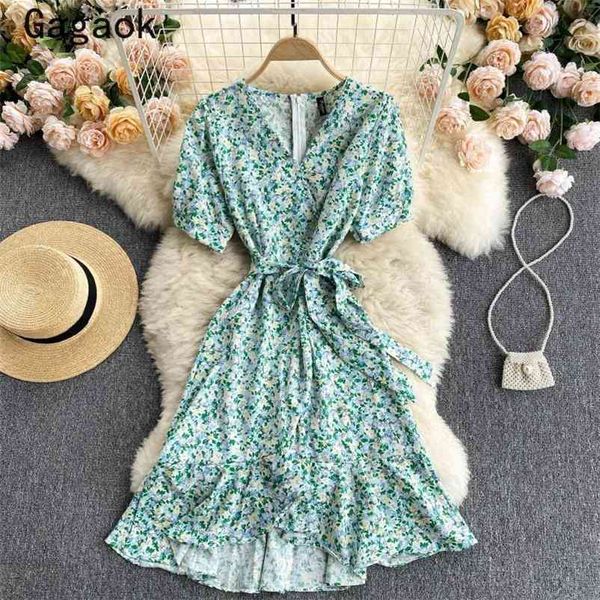 

dresses for women summer sweet ruffles puff sleeve v-neck midi korean elegant chic wild vestidos 210531, Black;gray