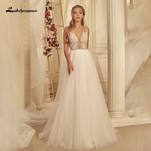 

2021 new boho chic a line robe mariee v-neckline appliques tulle wedding gown for bridal vestido de novia qncr, White