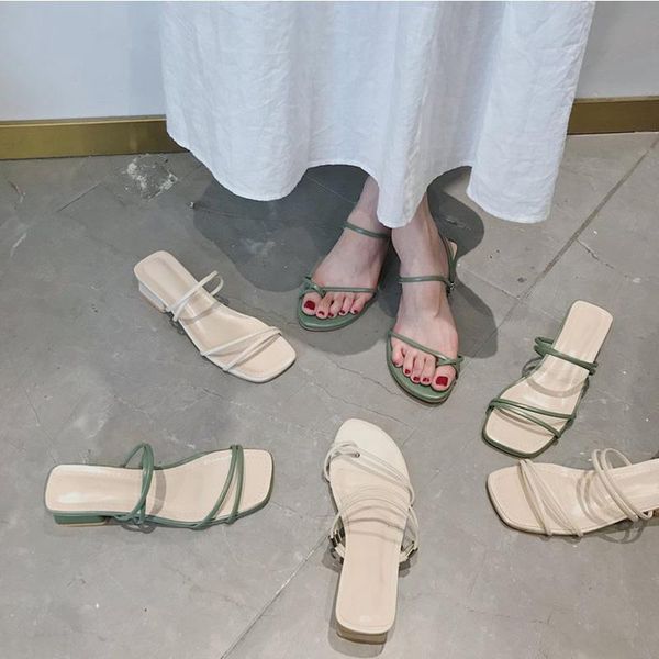 

slippers women summer 2021 slipper brand female sandals fashion word thin belt toe low heel elegant ladies slides shoes, Black
