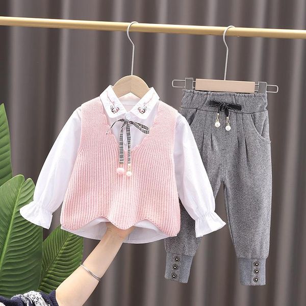 

hylkidhuose spring baby girls clothing sets knitted vest flowers bowknot shirt pants toddler infant kids children casual costume, White