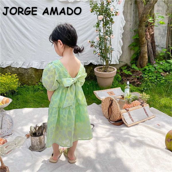 Estilo Coreano Verão Crianças Meninas Vestido Verde Aberto Back Back Slow Sleeves Square Collar Crianças Moda Roupas E7036 210610