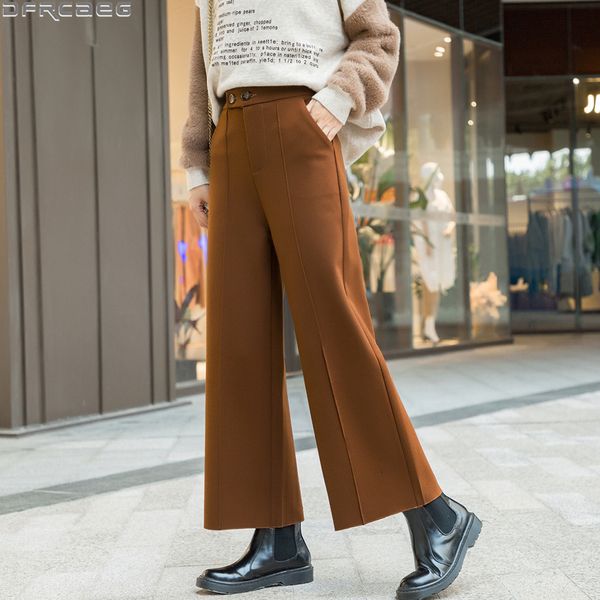 

korean style woolen winter ladies high-waist trousers wide leg women's brown or black tan loose in straight line woman 2021 1hwj, Black;white