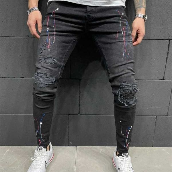 Calças de brim rasgado Homens Black Lápis Calças Moto Motocicler Festa Casual Hole Jean Beggar Denim Calças Masculino 211108