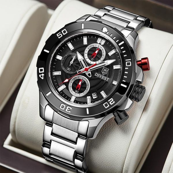 

wristwatches divest casual sport chronograph men's watches stainless steel band wristwatch big dial quartz clock with luminous pointers, Slivery;brown
