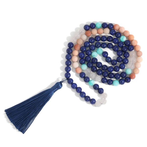 

pendant necklaces 108 8mm lapis lazuli beaded semi-precious stone dark blue tassel necklace men and women meditation charm jewelry friendshi, Silver