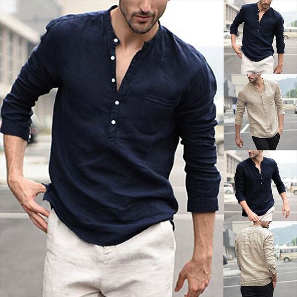 

vintage pure color button linen men polos solid long sleeve retro shirts blouse korean clothes casual, White;black