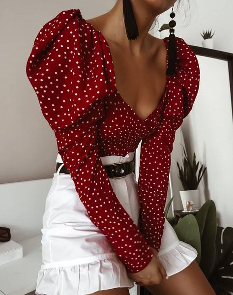 

v neck vintage red polka dot blouse print shirt office lady wrap elegant blouse women puff long sleeve crop top, White
