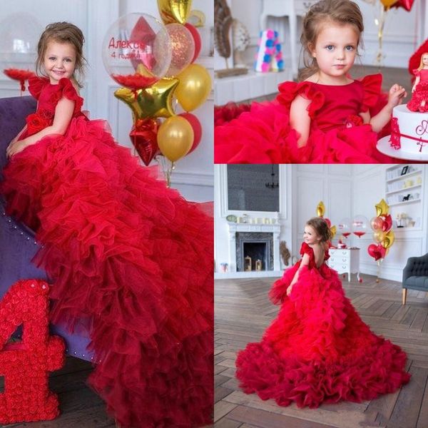 

2020 new design lovely red flower girls dresses for weddings jewel neck tiered ruffles sweep train birthday girl communion pageant gowns, White;red