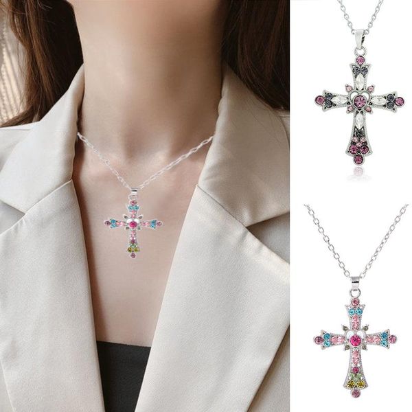 

chains western style crystal diamond necklace clavicle cross beautiful delicate pendant temperament jewelry, Silver