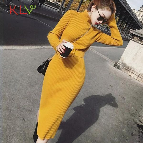 

casual dresses turtleneck dress sweater long sleeve fitted with belt midi elegant party korean women clothes vestidos 2021 20mar, Black;gray