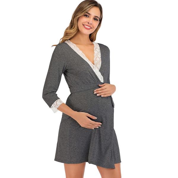 

maternity dresses 4# women overlapping pregnant dress lace solid color splicing fashion mini v-neck pography, White