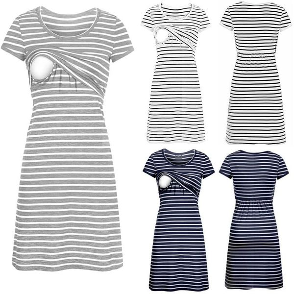 

maternity dresses women o-neck pregnant nursing short sleeve stripe summer dress pregnancy clothes robe allaitement Ã©tÃ© maternidad, White