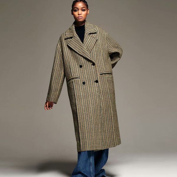 

2021 new winter plaid woolen turn down collar double breasted wool women long sleeves warm coat casaco feminino c1ty, Black