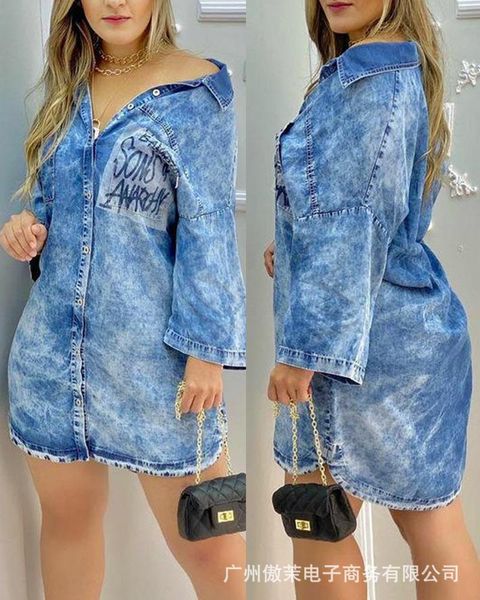 

casual dresses women's denim shirt dess 2021 flare sleeve, Black;gray