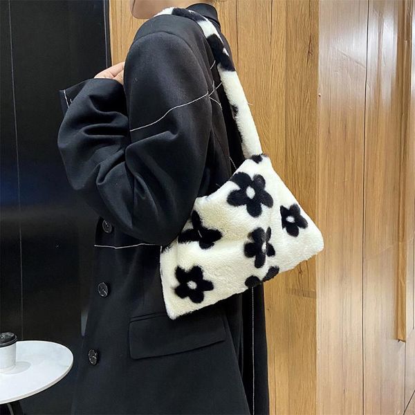 

evening bags flower heart print shoulder bag fashion plush large capacity handbags women autumn winter underarm simple for girls