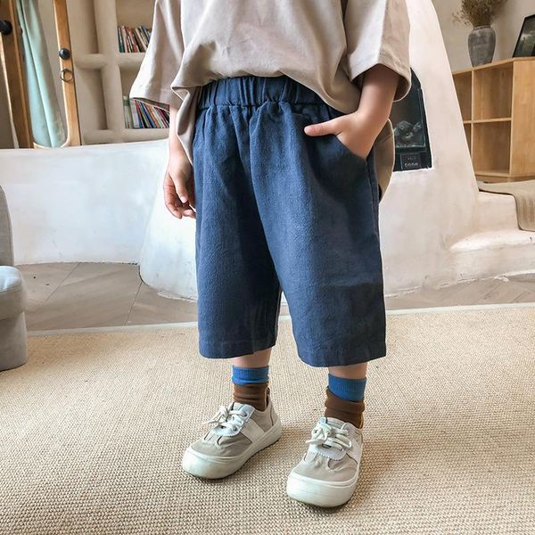 

trousers summer boys cotton linen solid color knee length pants 1-7 years kids loose, Blue